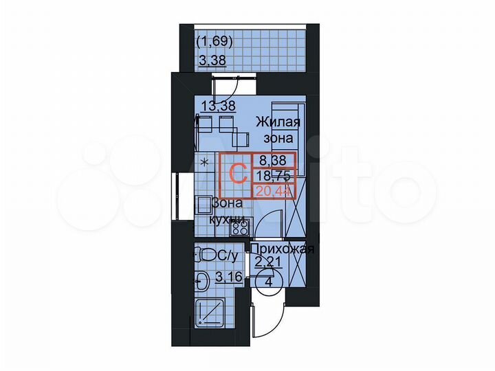 Квартира-студия, 20,4 м², 6/18 эт.