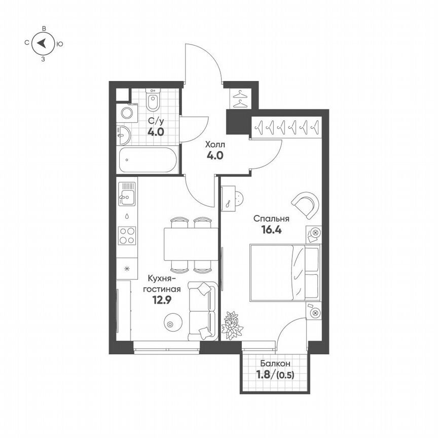 1-к. квартира, 37,8 м², 3/40 эт.