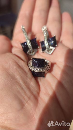 Серебряный комплект с авантюрином и цирконами 925