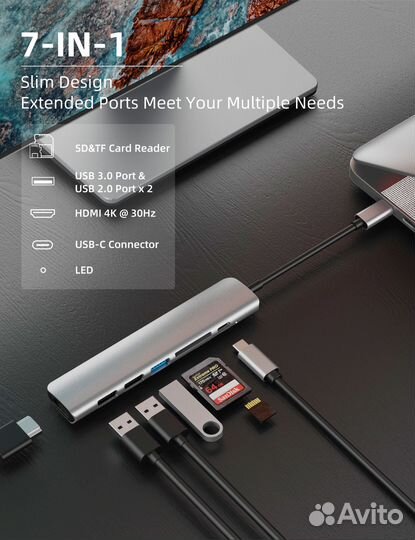 USB 3.0 Type-C Hub для MacBook Pro/Air 7в 1