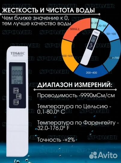 Солемер (TDS-метр) spower тестер для воды