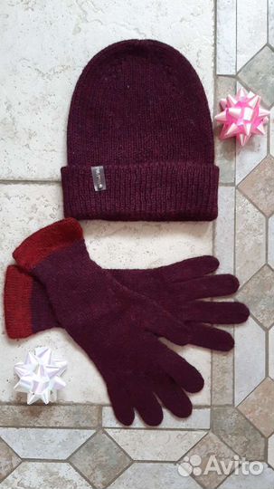 Шапка бини с женская вязаная комплект с перчатками