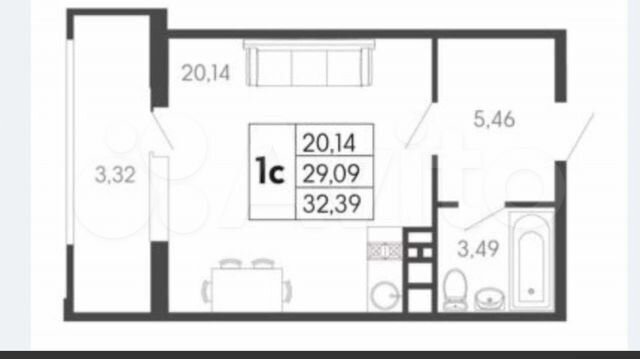 Квартира-студия, 32,2 м², 8/9 эт.