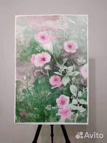 Акварель большая картина розовая цветы 40 на 60