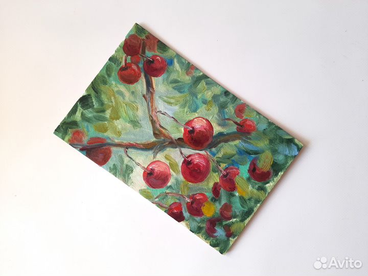 Вишня на ветке в листве. Лето Картина маслом 15\23