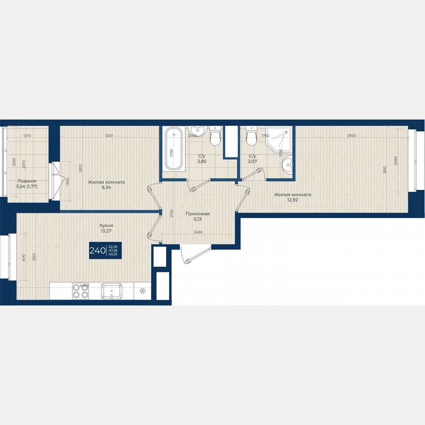 2-к. квартира, 49,4 м², 12/12 эт.