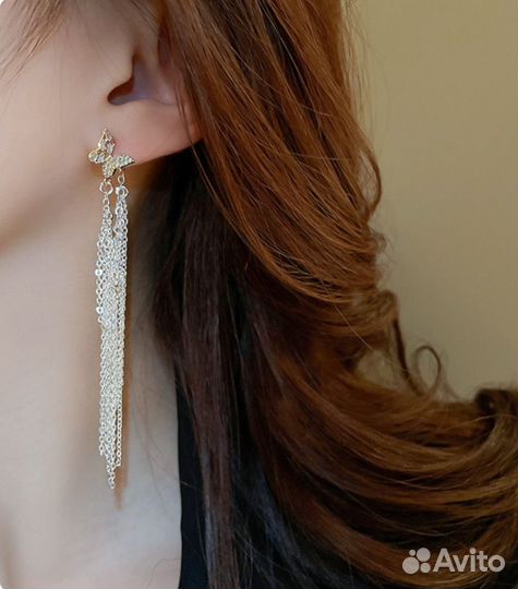 Серьги бабочки длинные цепочки серебро