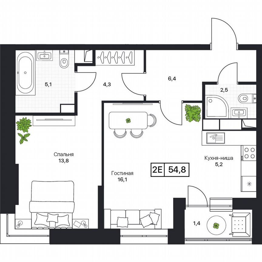 2-к. квартира, 54,8 м², 3/17 эт.