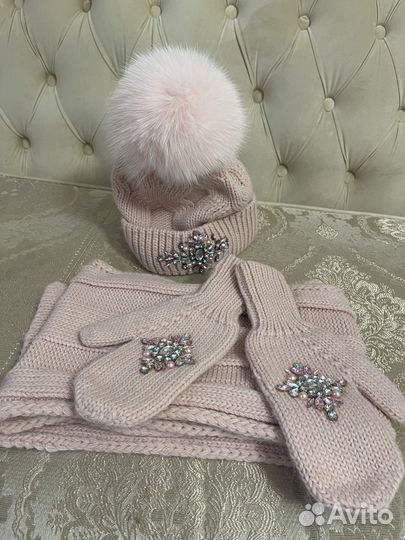 Комплект шапка+шарф+варежки(нежно розовый)