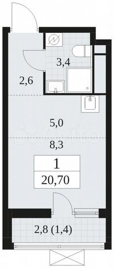 Квартира-студия, 20,7 м², 9/16 эт.