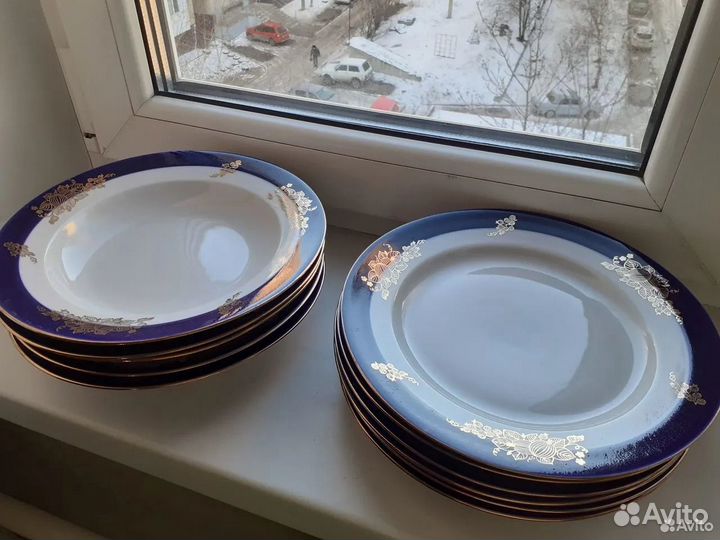 Тарелки Дулево, фарфор, кобальт, золото, 24 см