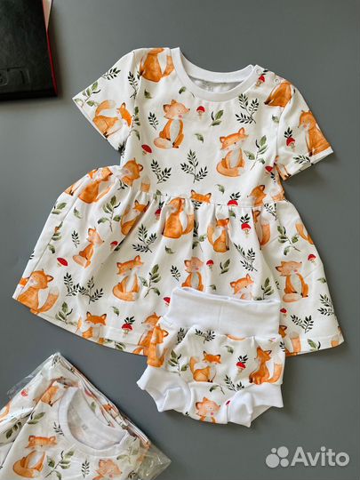 Платье и трусы хипстеры, комлект, белые лисята