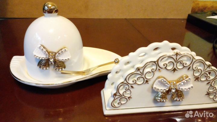 Салфетница, лимонница с бантиком и стразами фарфор