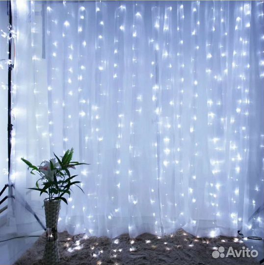 Гирлянда штора 3 на 3 метра занавес золотая белая