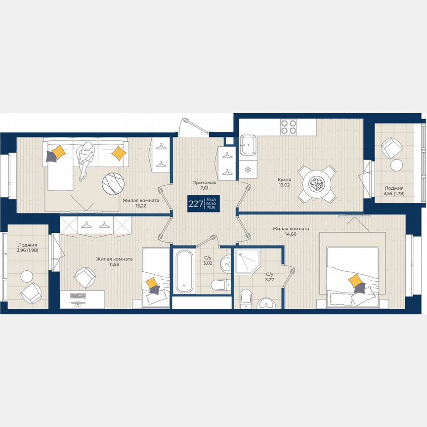 3-к. квартира, 70,2 м², 7/12 эт.