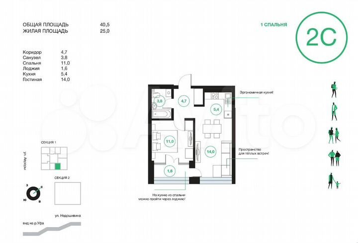 2-к. квартира, 40,5 м², 5/25 эт.
