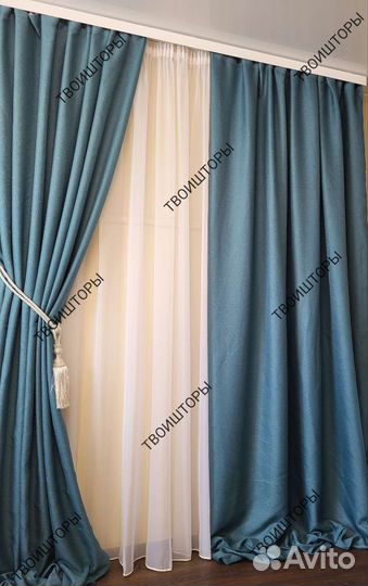 Шторы новые 3м, 4 м блэкаут рогожка Бирюза
