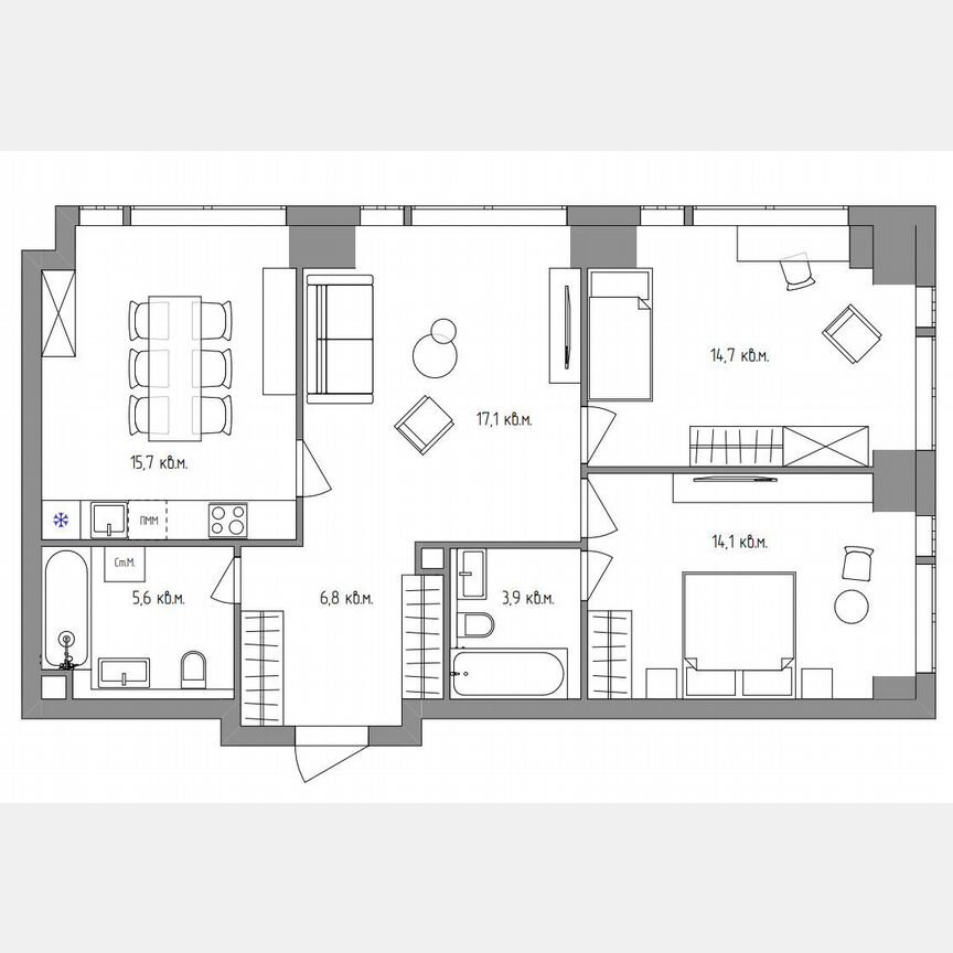 3-к. квартира, 78 м², 14/34 эт.