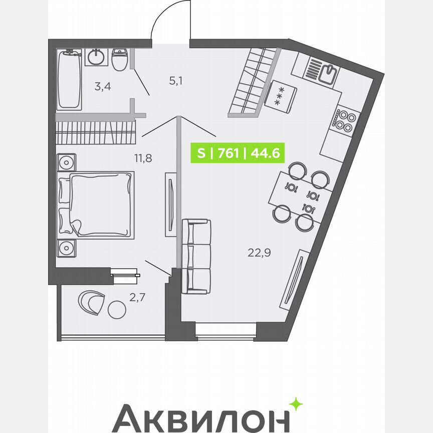 1-к. квартира, 44,6 м², 1/13 эт.