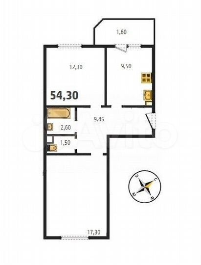 2-к. квартира, 54,3 м², 8/9 эт.