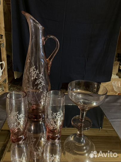 Кувшин со стаканами марганцевое стекло СССР