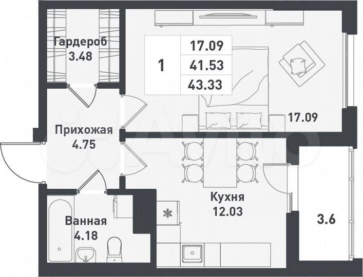 1-к. квартира, 43,3 м², 6/11 эт.