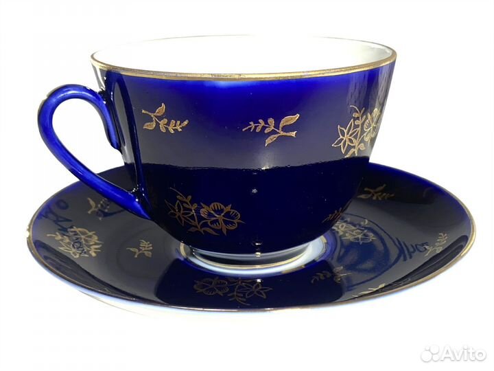 Чайная пара цветы веточка ночь фарфор кобальт лфз