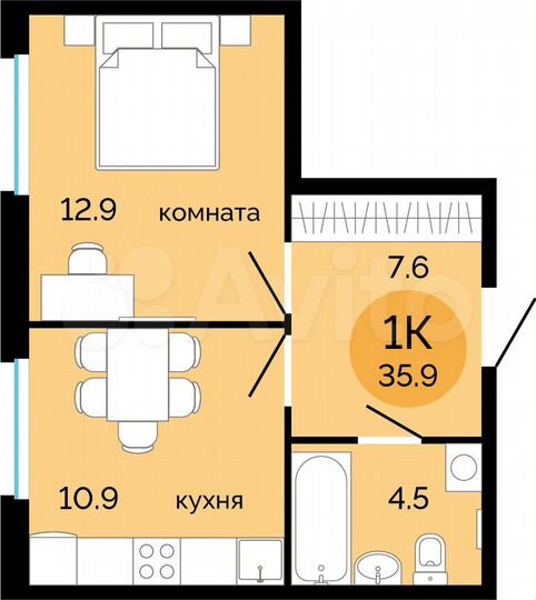 1-к. квартира, 35,9 м², 5/14 эт.