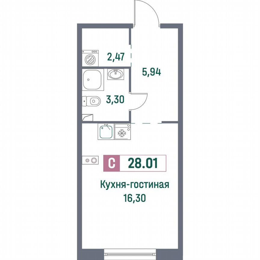 Квартира-студия, 28 м², 1/16 эт.