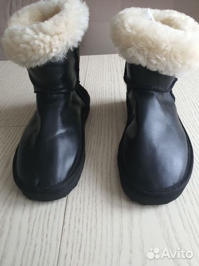 Угги сапоги кожаные черные овчина натуральная