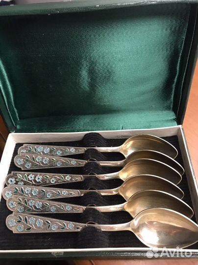 Ложки чайные серебряные, винтаж, эмаль