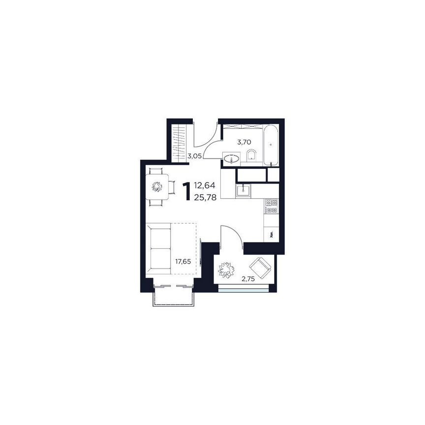 1-к. квартира, 25,8 м², 3/12 эт.