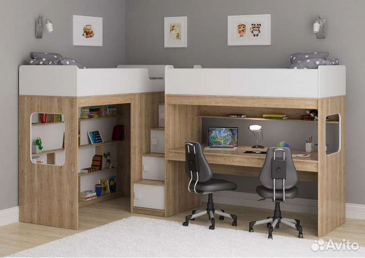 Кровати чердаки для двоих с рабочей зоной