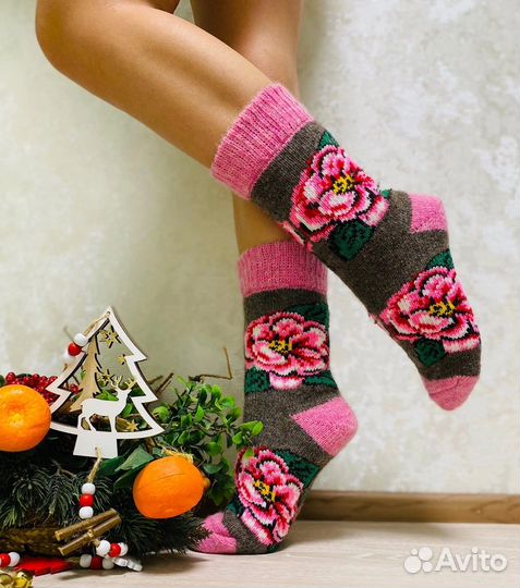 Носки шерстяные с цветами Красивые яркие теплые
