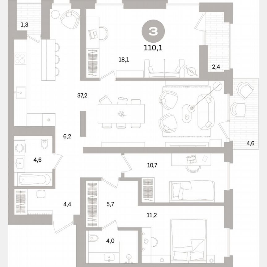 3-к. квартира, 109,4 м², 4/15 эт.