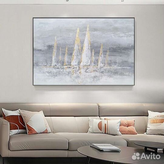 Большая картина маслом парусники в тумане
