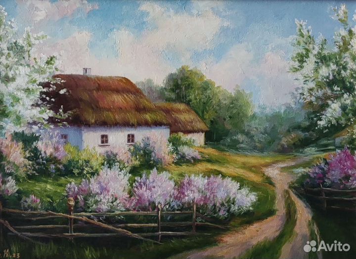 Картина маслом летний пейзаж Сирень деревня хутор