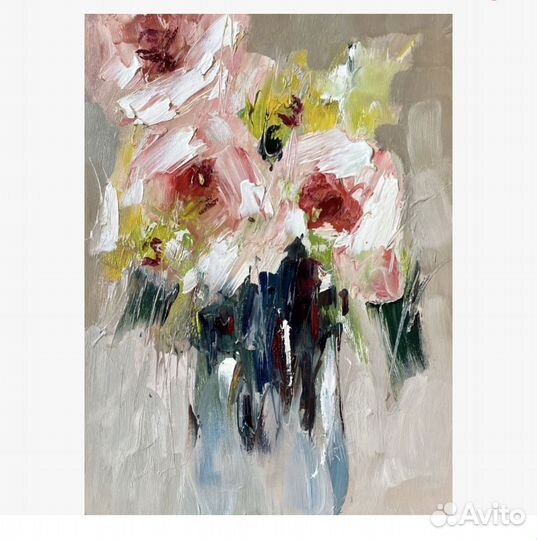 Букет пионов в вазе картина маслом цветы 15*20см