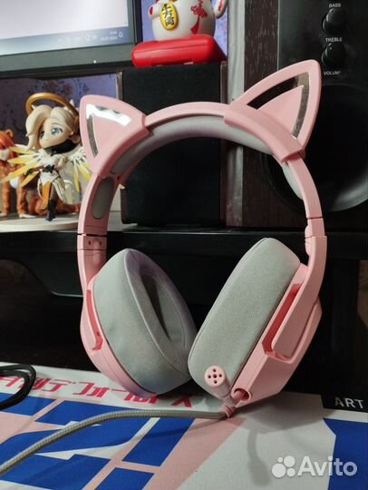 Наушники игровые розовые с ушами