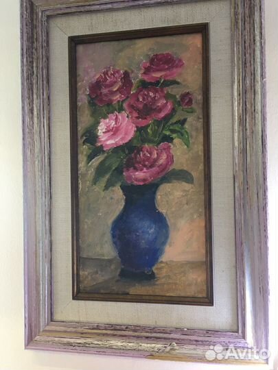 Картина маслом цветы в синей вазе