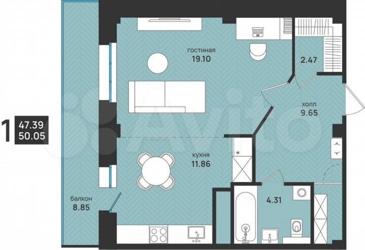 1-к. квартира, 50,1 м², 9/13 эт.