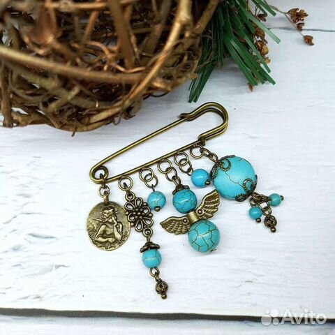 Брошь булавка с бирюзовыми камнями