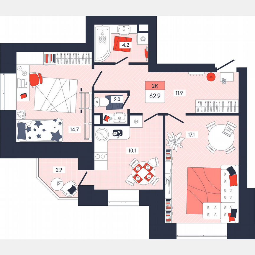 2-к. квартира, 62,9 м², 1/9 эт.