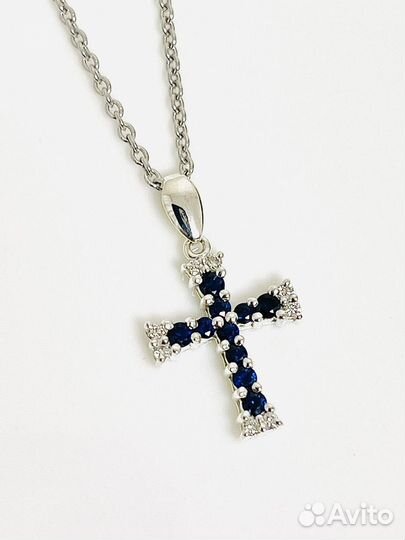 Крест из белого золота с бриллиантами и сапфирами