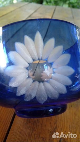 Ваза хрустальная синяя с подсолнухами СССР