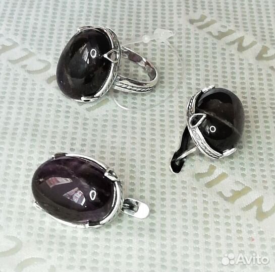 Серьги, кольцо серебрение аметист разм.17,5 С631