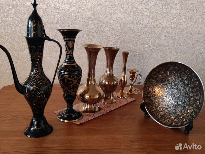 Латунь Индия кувшин, ваза, подсвечник одним лотом