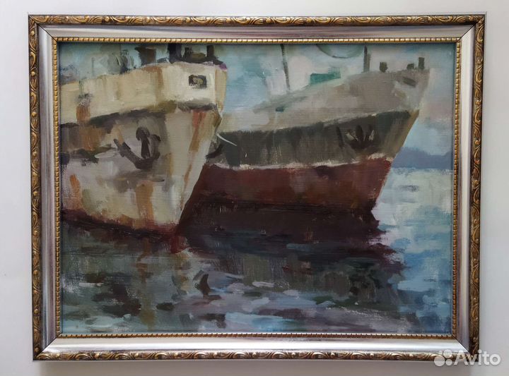 Картина маслом на холсте морской пейзаж, корабли