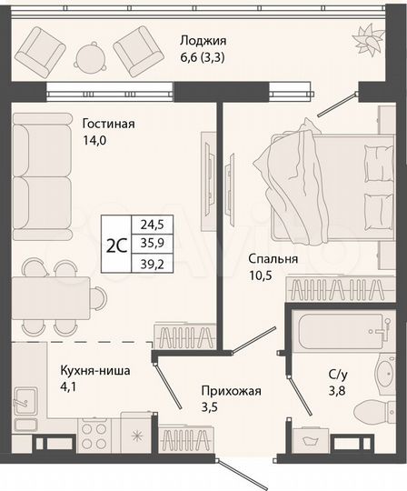 2-к. квартира, 39,2 м², 6/10 эт.