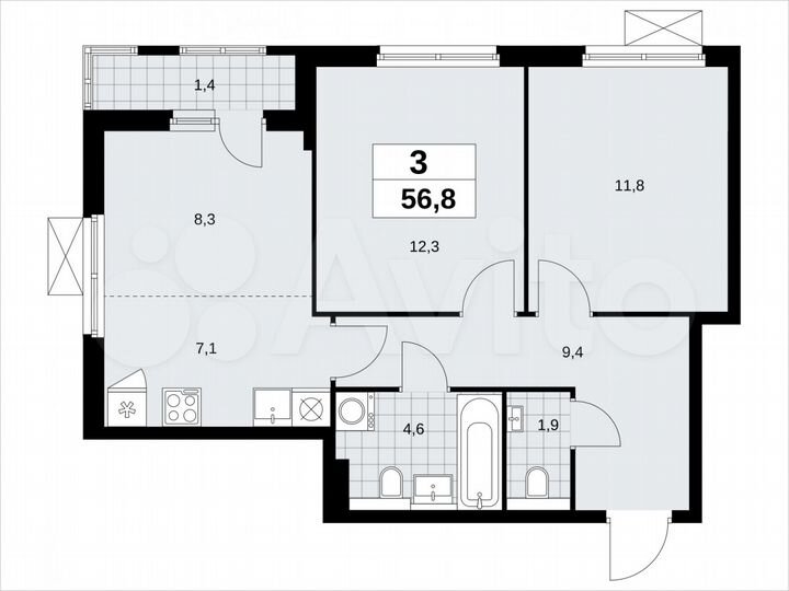 3-к. квартира, 56,8 м², 3/19 эт.